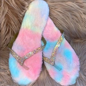 Fuzzy tie die / blingy Slipper Sandals